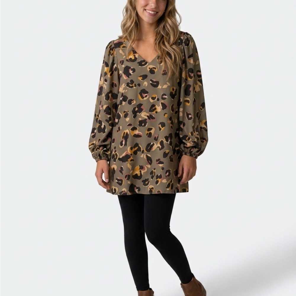Abstract Adrienne Leopard Print V-Neck Midi Dress Olive and Musta